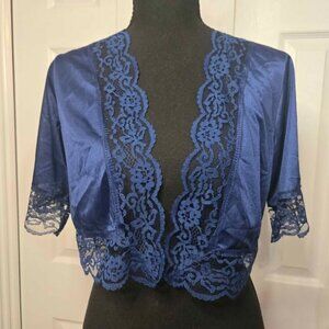 Shadowline (CUT TAG) Bed Jacket Lace Nylon Dark Blue Cropped Vintage